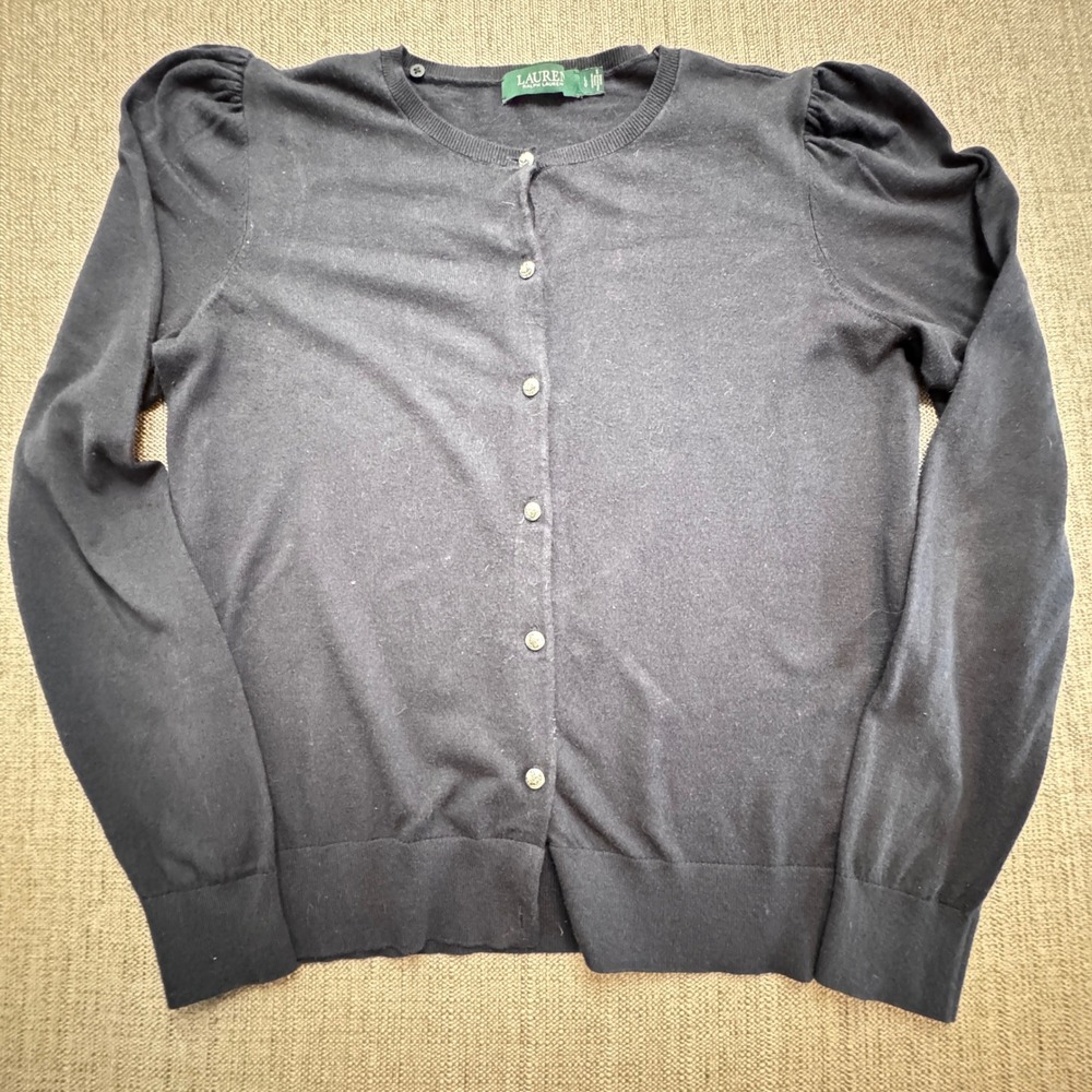 Lauren Ralph Lauren Navy Puff Shoulder Button Front Cardigan Sweater Large